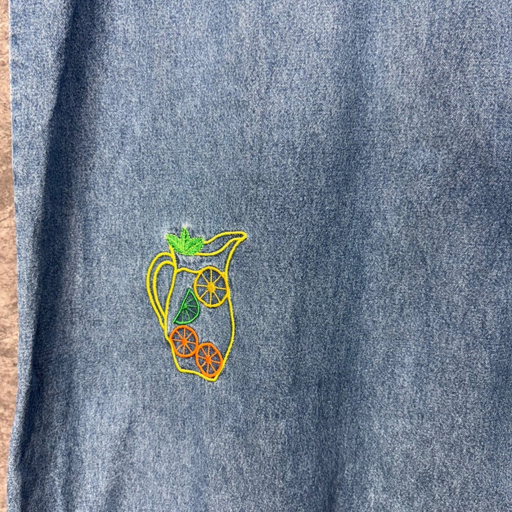 Y2K CB Casual Denim Midi Dress Size PL Orange Lemonade Citrus Embroidered Modest - Picture 3 of 11